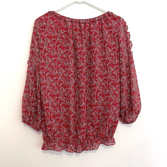 MAX STUDIO Georgette Elbow Sleeve Cold Shoulder Blouse Red White Floral Boho Top - Picture 14 of 16